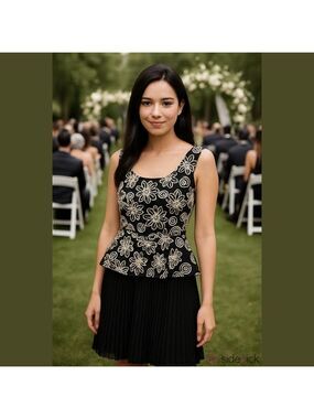 A'reve Black Floral Embroidered Peplum Accordion Pleat Dress SM